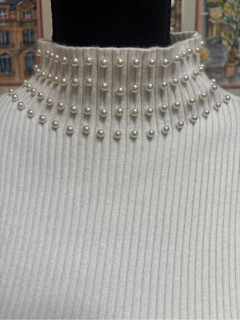 Fit & Flare Pearl Embellished White Ribbed Knit Sweater Dress Size 16 Looks New!